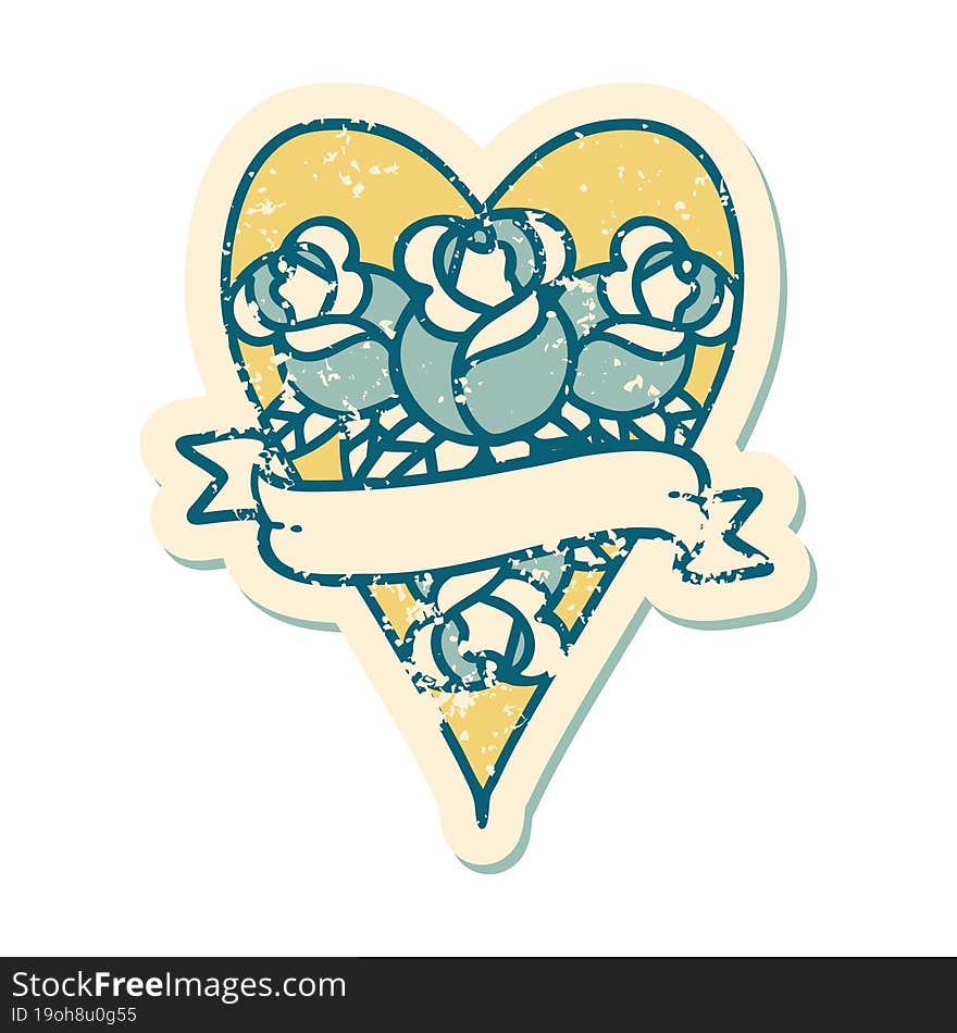 distressed sticker tattoo style icon of a heart and banner with flowers