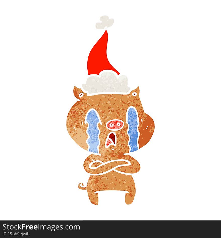 crying pig retro cartoon of a wearing santa hat