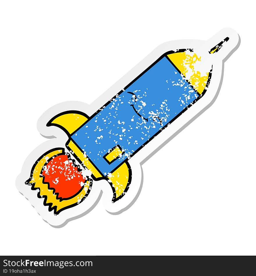 distressed sticker of a cartoon rocket