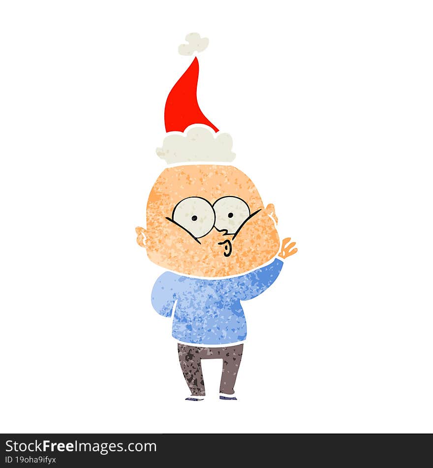 retro cartoon of a bald man staring wearing santa hat