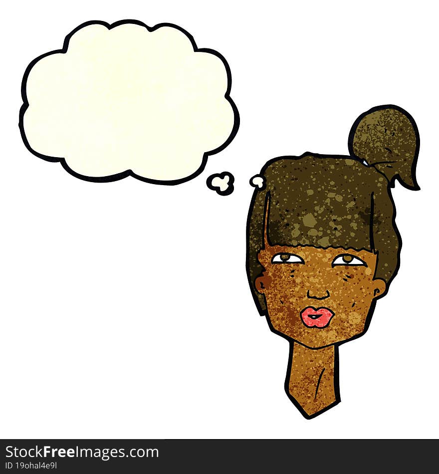 cartoon female head with thought bubble