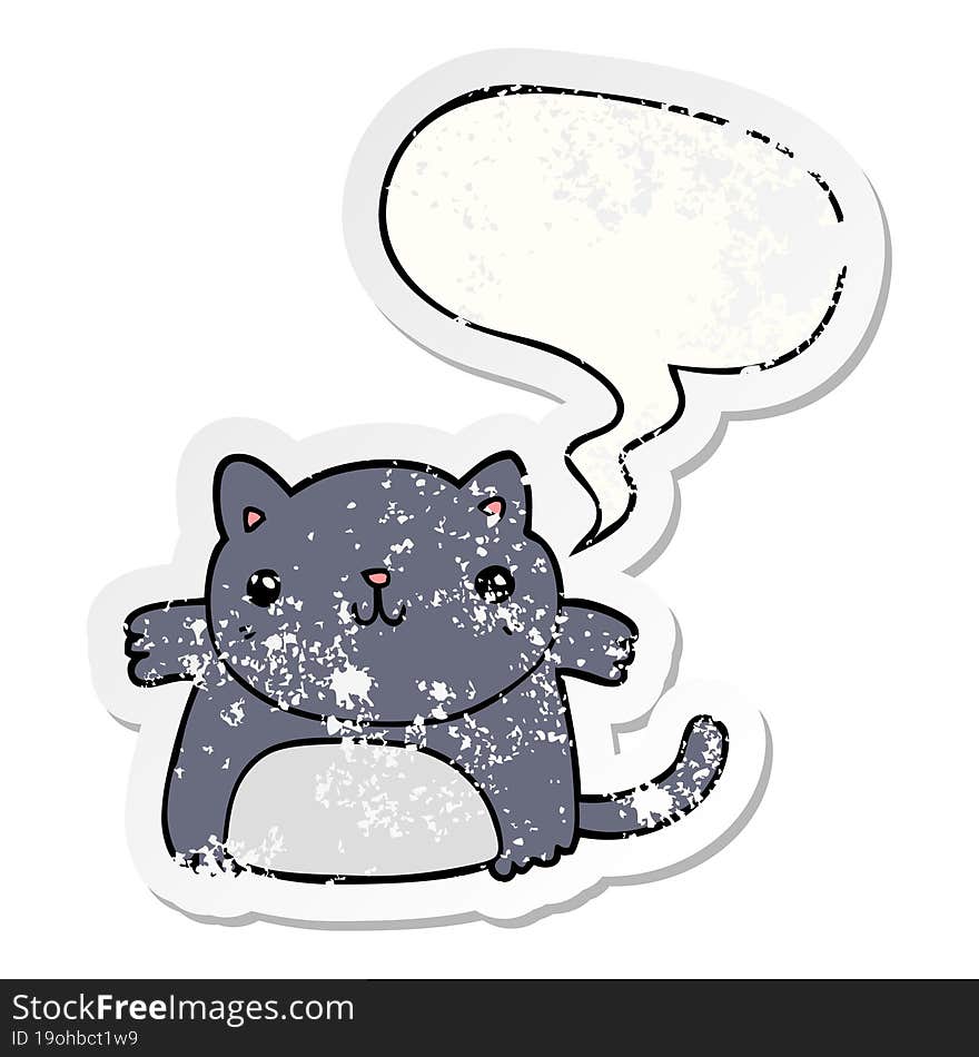 cartoon cat with speech bubble distressed distressed old sticker. cartoon cat with speech bubble distressed distressed old sticker