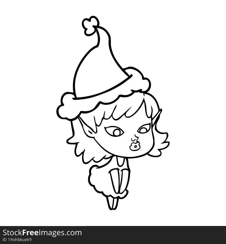 Pretty Line Drawing Of A Elf Girl Wearing Santa Hat