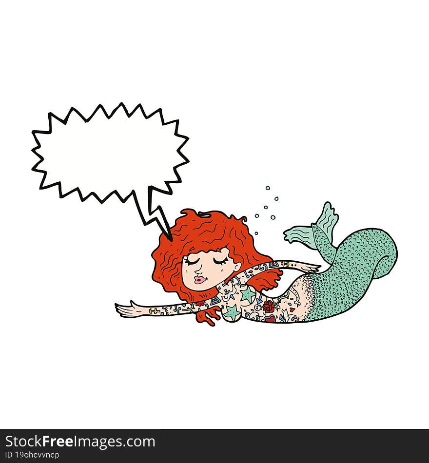 cartoon mermaid with tattoos with speech bubble