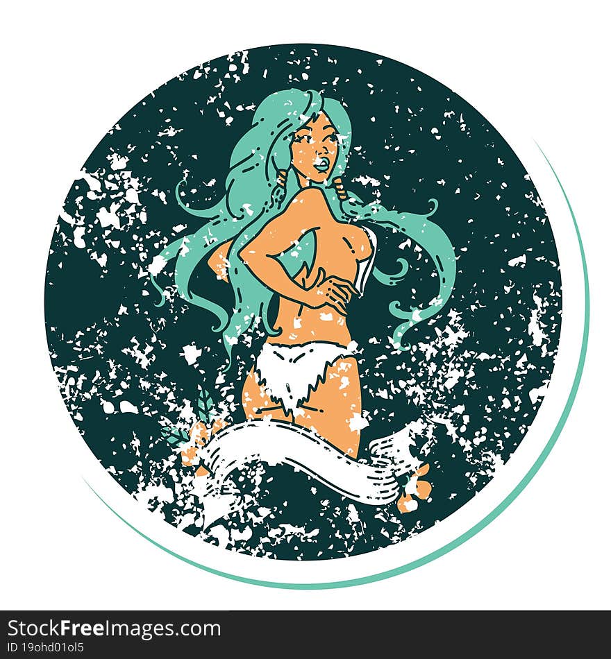 distressed sticker tattoo in traditional style of a pinup viking girl with banner. distressed sticker tattoo in traditional style of a pinup viking girl with banner