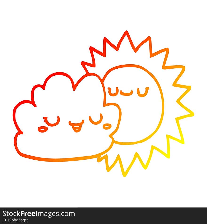 Warm Gradient Line Drawing Cartoon Sun And Cloud