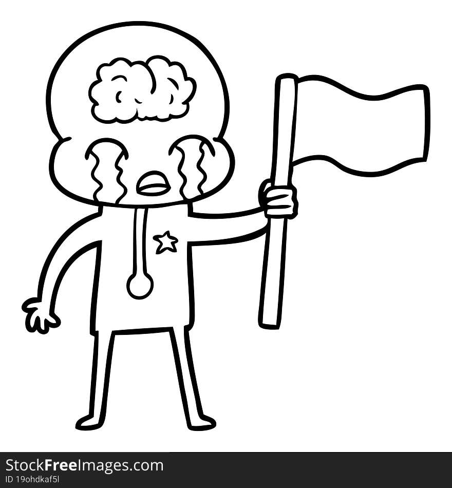 cartoon crying big brain alien waving a flag. cartoon crying big brain alien waving a flag