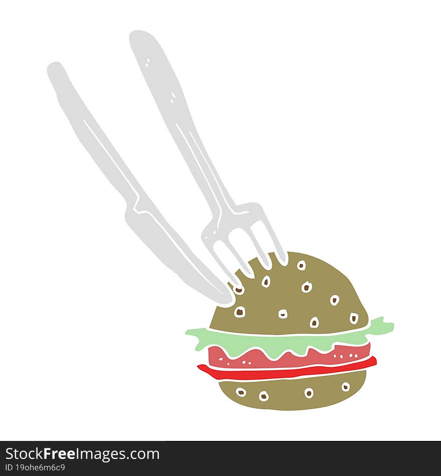 flat color illustration of a cartoon knife and fork cutting burger