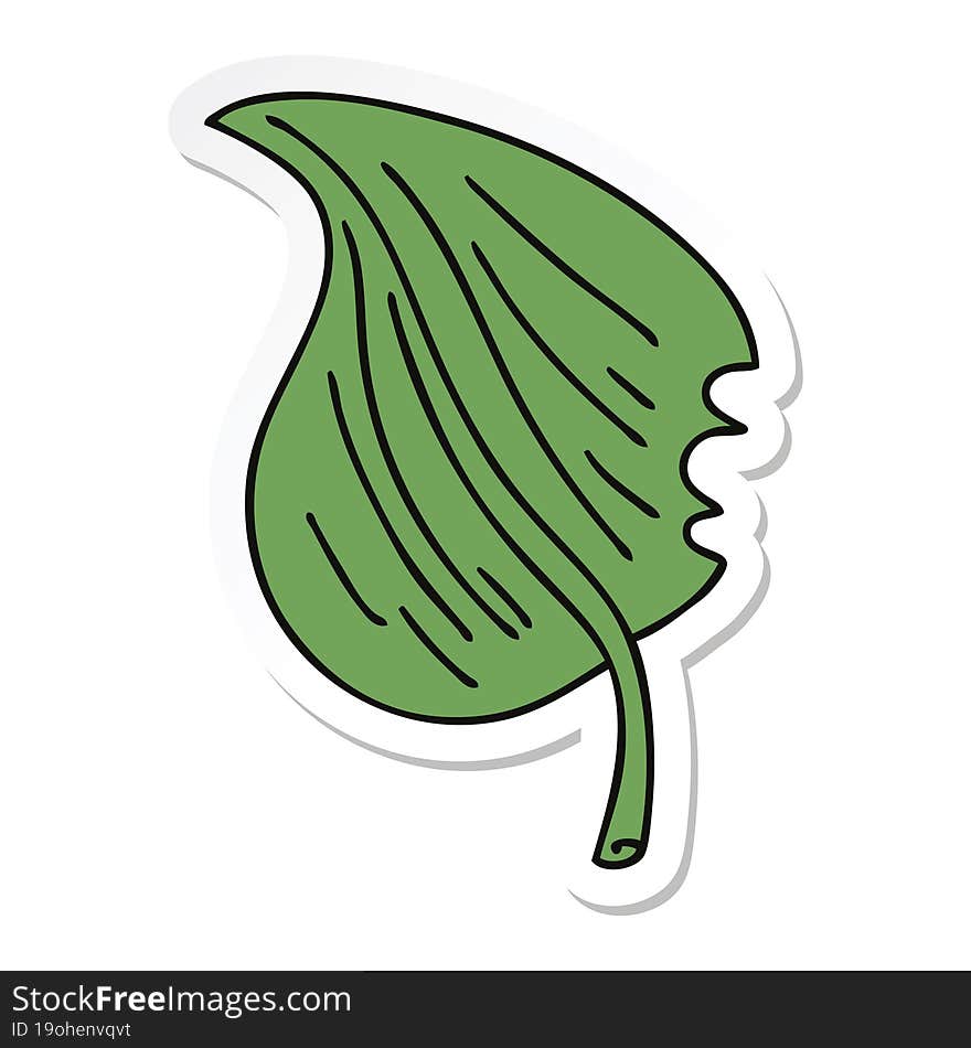 sticker of a quirky hand drawn cartoon munched leaf