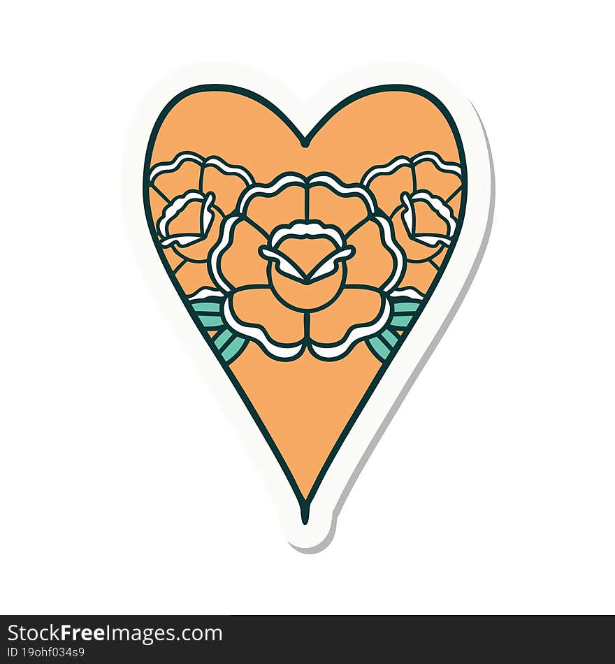 sticker of tattoo in traditional style of a heart and flowers. sticker of tattoo in traditional style of a heart and flowers