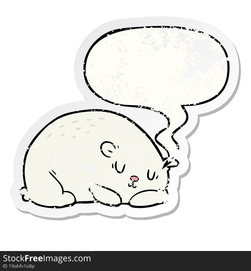 cartoon sleepy polar bear with speech bubble distressed distressed old sticker. cartoon sleepy polar bear with speech bubble distressed distressed old sticker