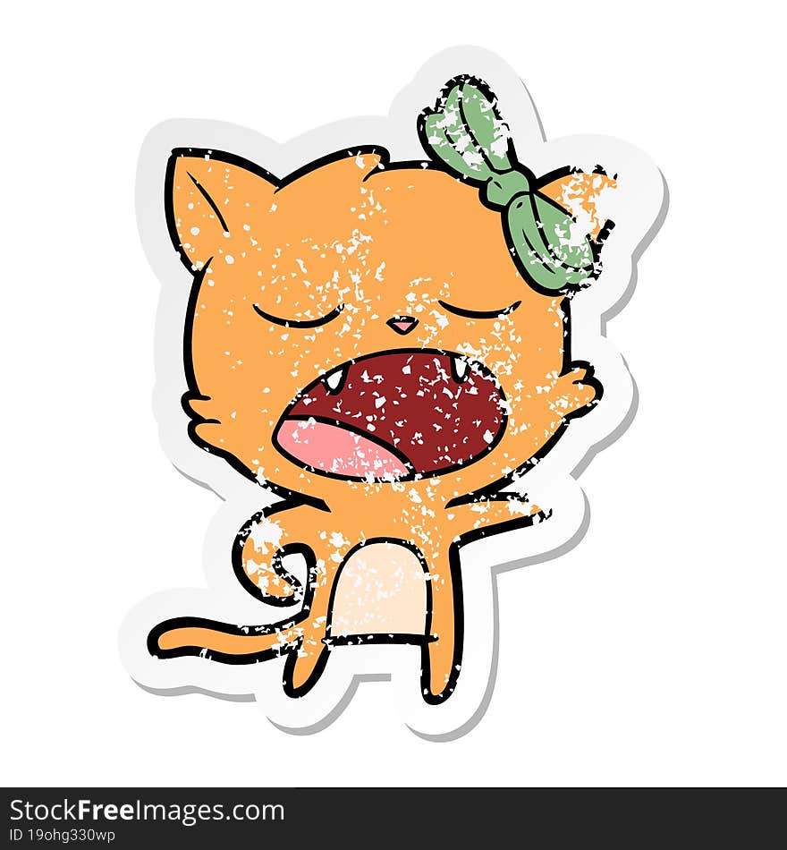 distressed sticker of a cartoon yawning cat