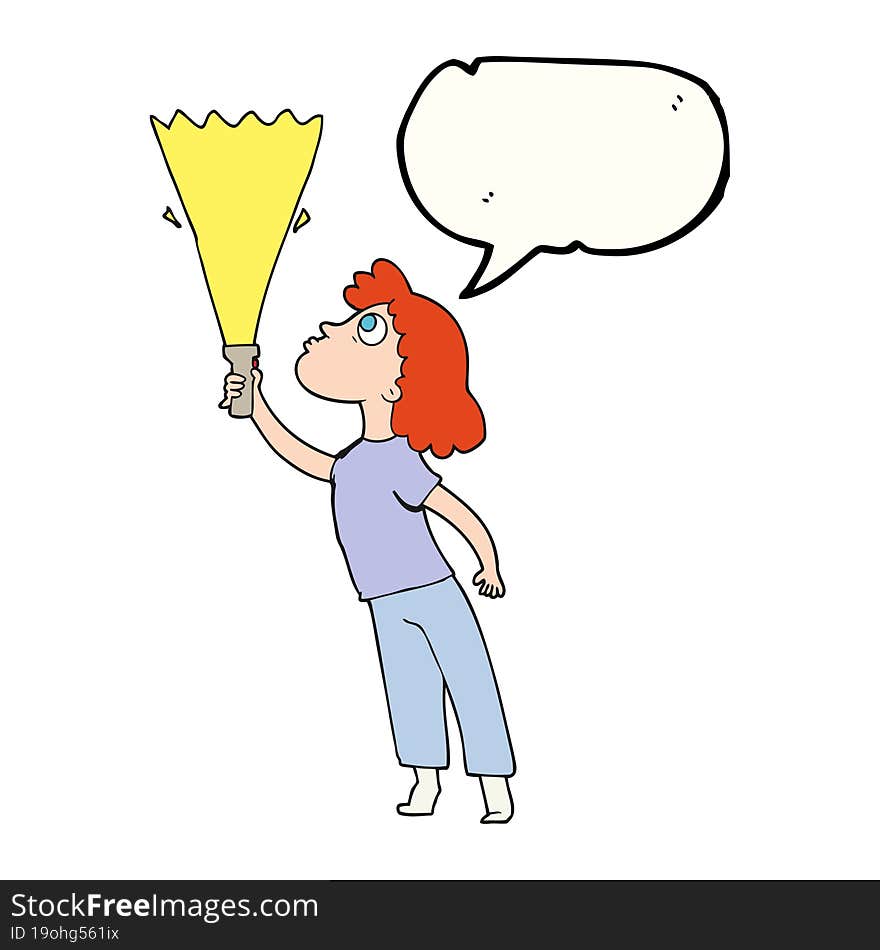 speech bubble cartoon woman searching with torch