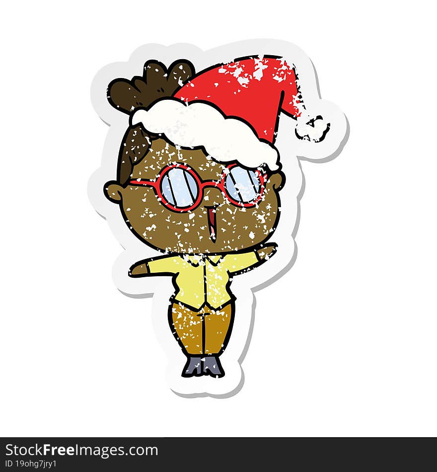 Distressed Sticker Cartoon Of A Woman Wearing Spectacles Wearing Santa Hat