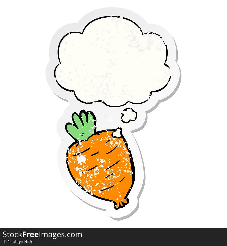 cartoon root vegetable and thought bubble as a distressed worn sticker