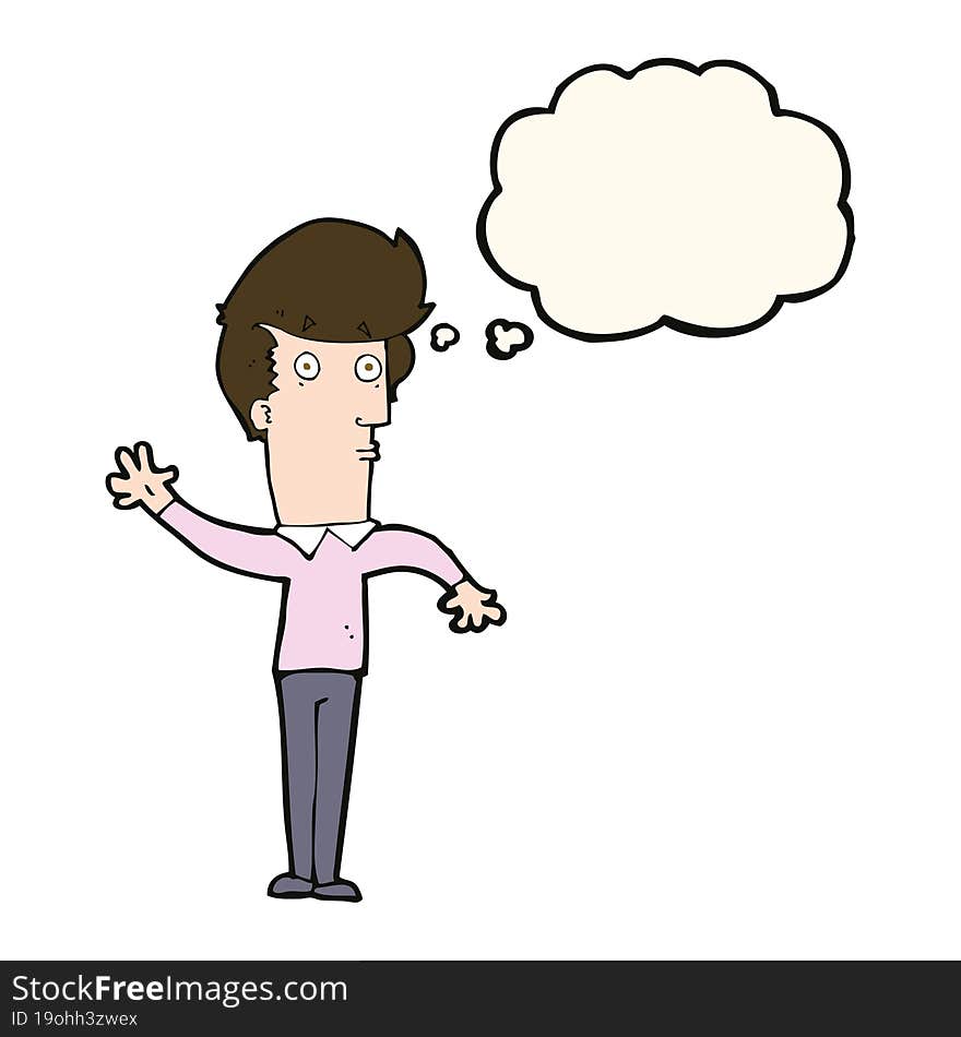 Cartoon Nervous Man Waving With Thought Bubble