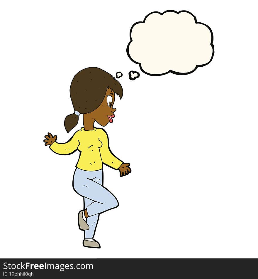 cartoon woman waving with thought bubble