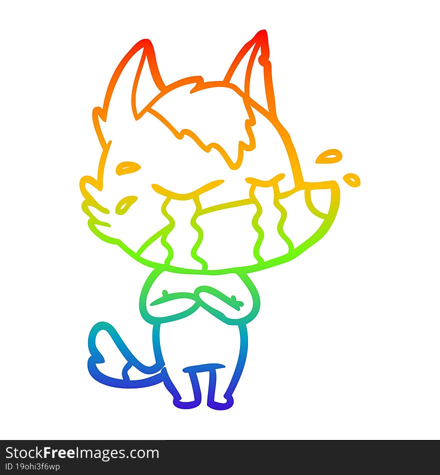 rainbow gradient line drawing of a cartoon crying wolf