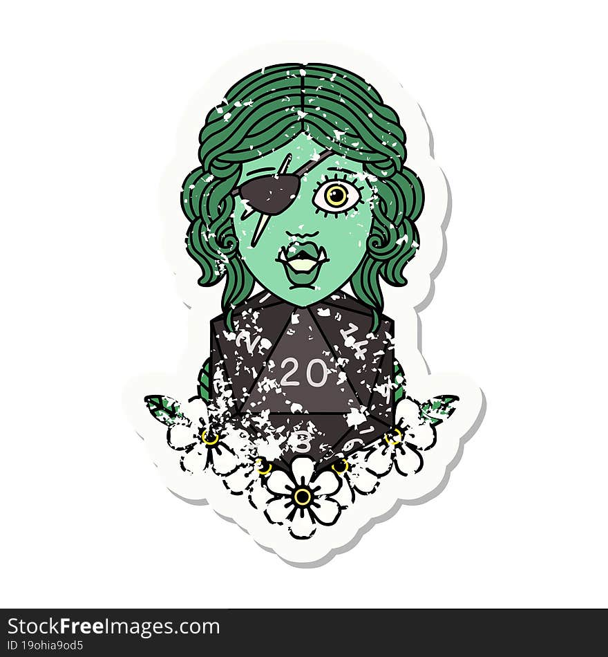 grunge sticker of a half orc rogue with natural twenty dice roll. grunge sticker of a half orc rogue with natural twenty dice roll