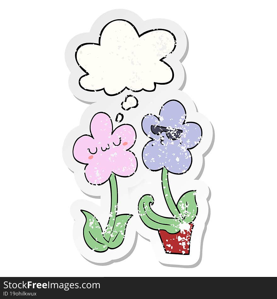 cute cartoon flower and thought bubble as a distressed worn sticker