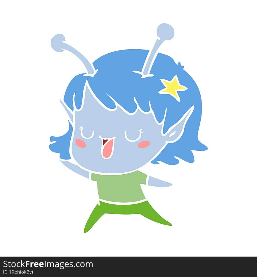 happy alien girl flat color style cartoon