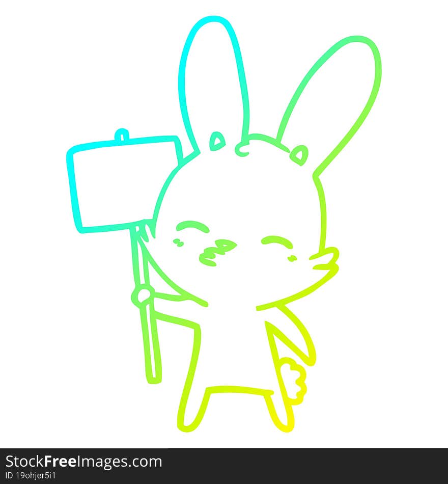 cold gradient line drawing of a curious bunny cartoon with placard