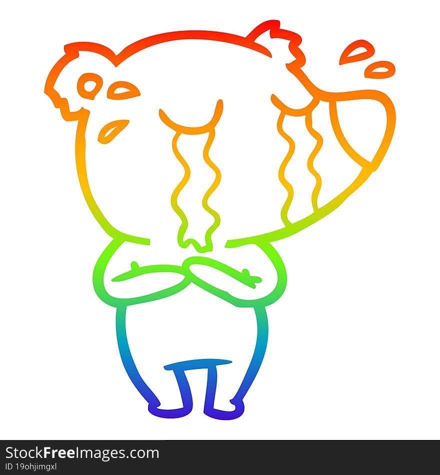 rainbow gradient line drawing of a cartoon crying polar bear