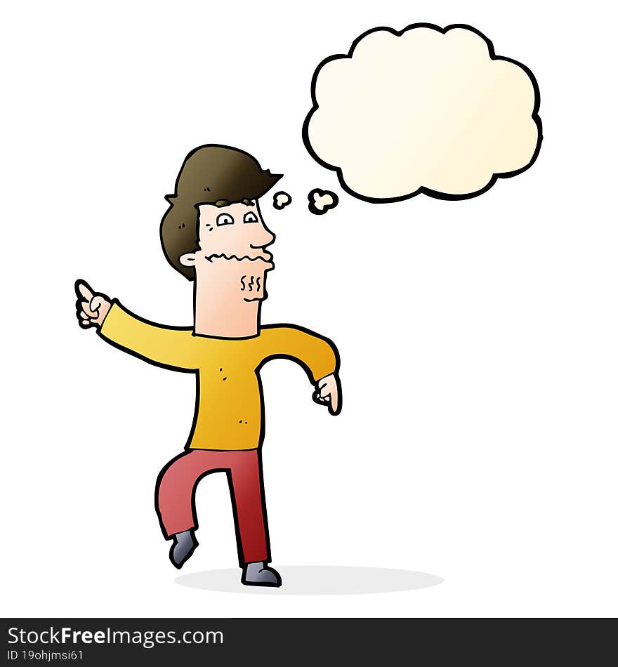 cartoon worried man pointing with thought bubble