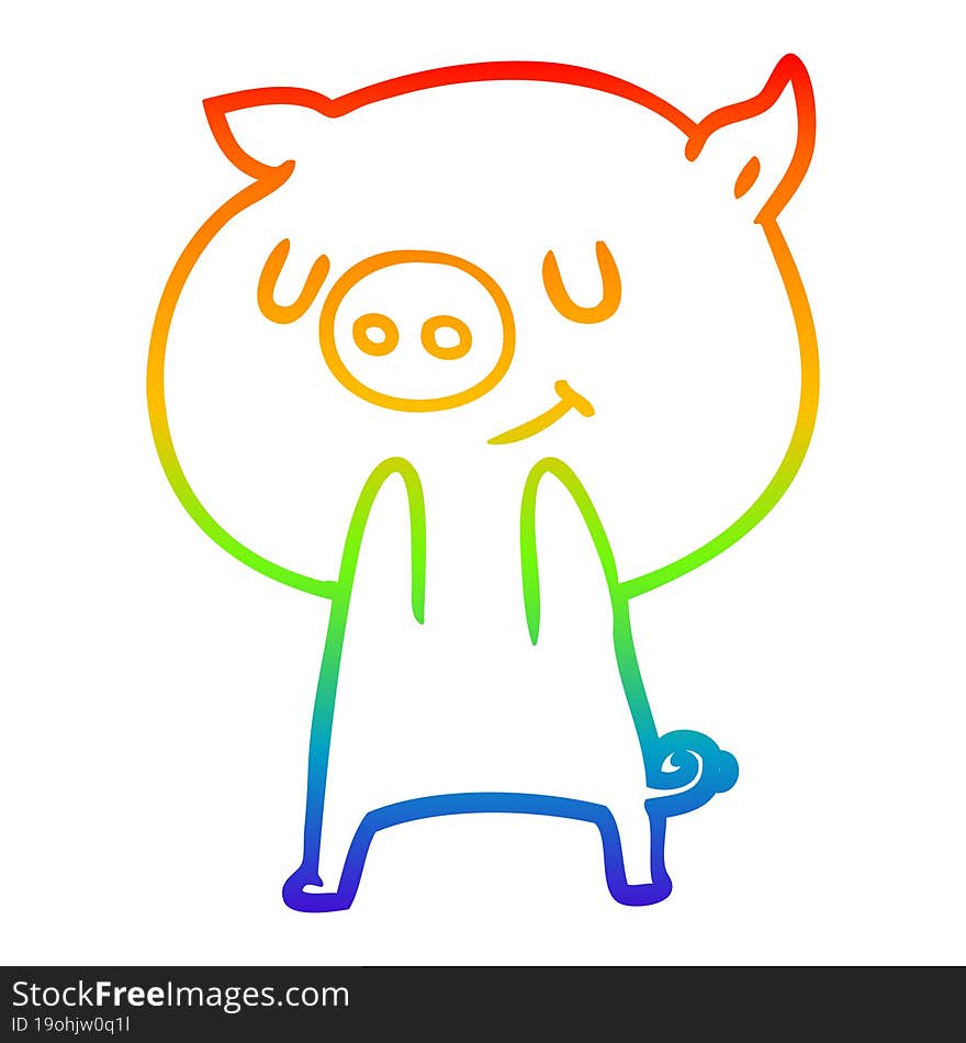 rainbow gradient line drawing of a happy cartoon pig