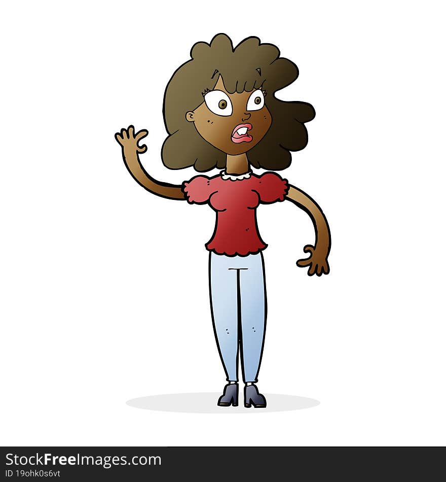 cartoon worried woman waving