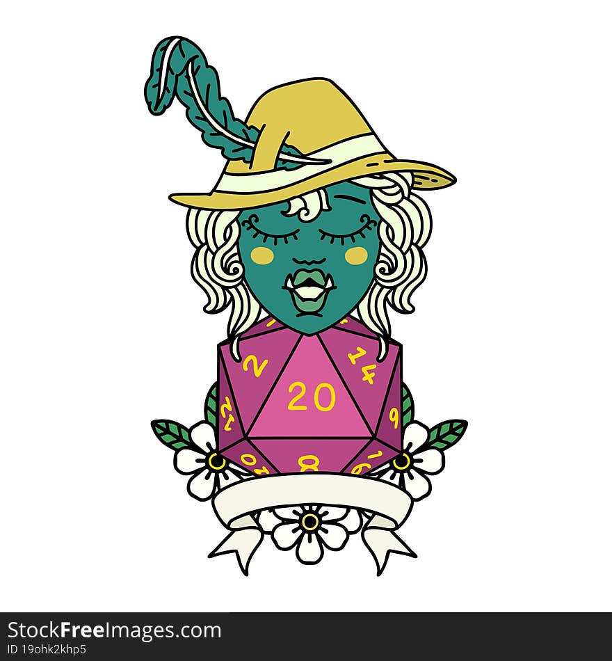 Retro Tattoo Style half orc bard with natural 20 dice roll. Retro Tattoo Style half orc bard with natural 20 dice roll