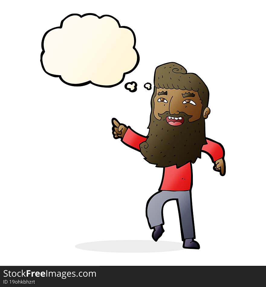 cartoon man with beard laughing and pointing with thought bubble