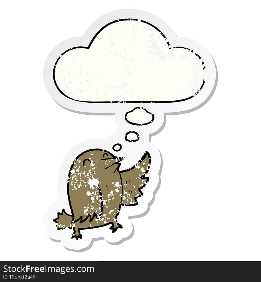 cartoon bird with thought bubble as a distressed worn sticker