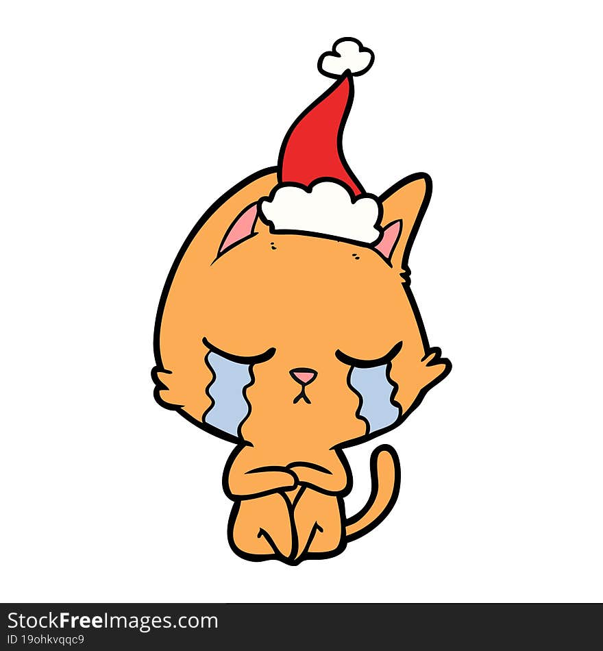 crying line drawing of a cat sitting wearing santa hat