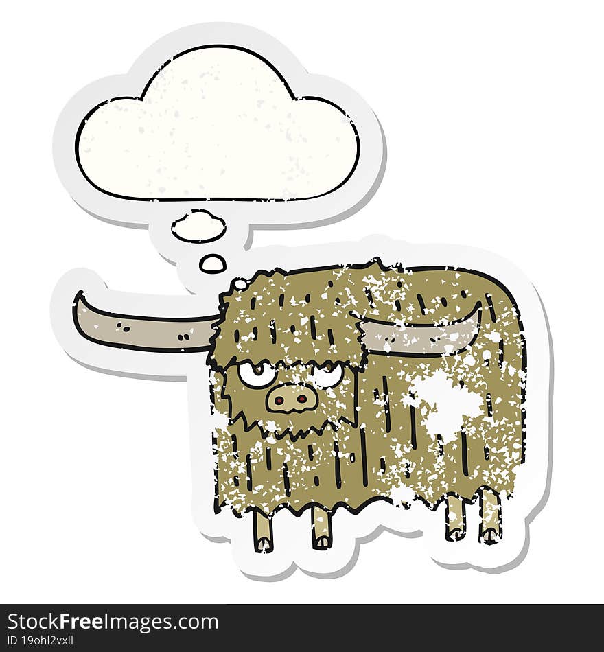 cartoon hairy cow and thought bubble as a distressed worn sticker