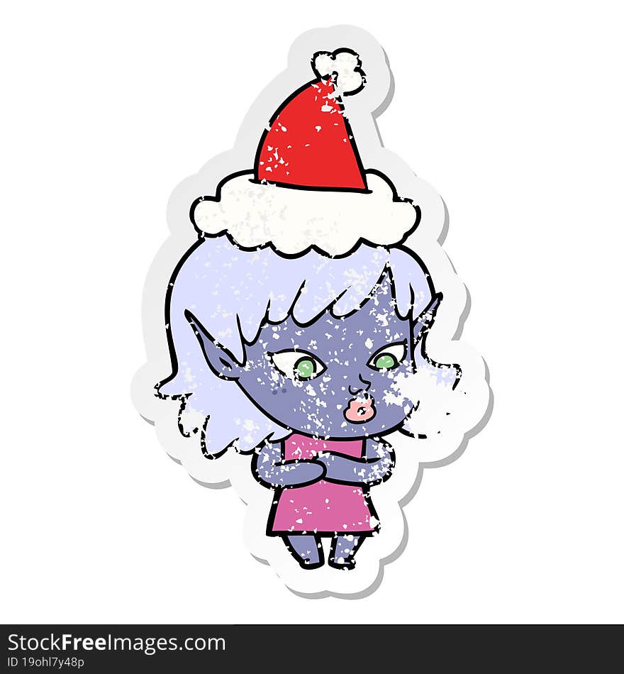 pretty hand drawn distressed sticker cartoon of a elf girl wearing santa hat