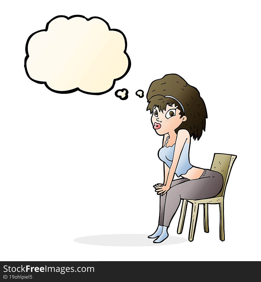 cartoon woman posing on chair with thought bubble