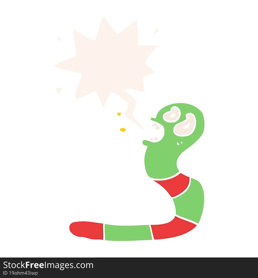 cartoon frightened worm with speech bubble in retro style