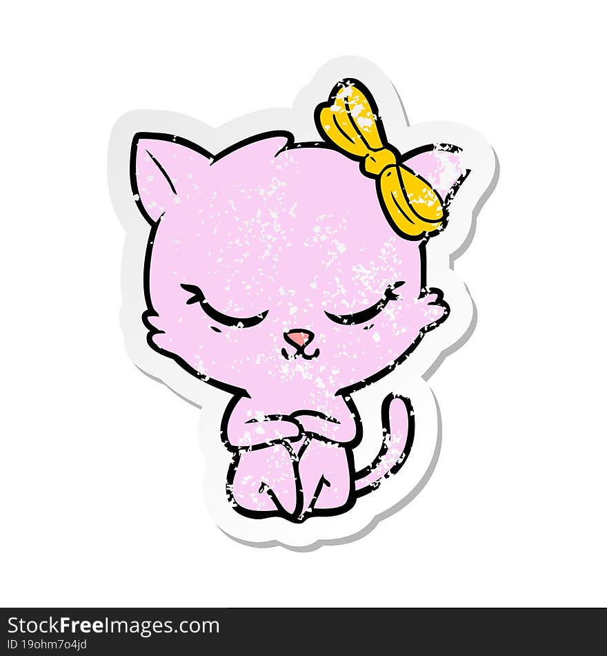 Distressed Sticker Of A Cute Cartoon Cat With Bow