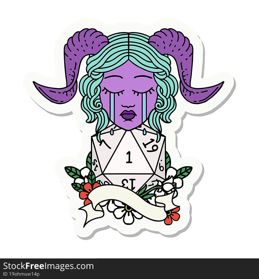 sticker of a crying tiefling with natural one D20 roll. sticker of a crying tiefling with natural one D20 roll