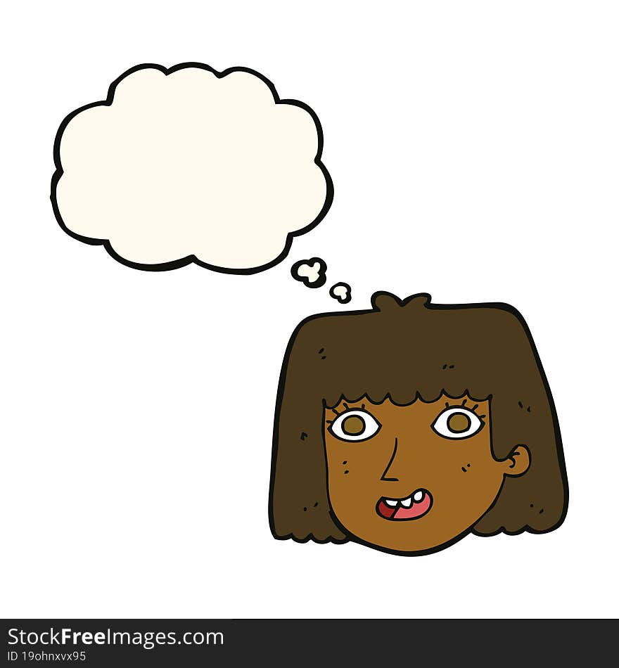 cartoon happy female face with thought bubble