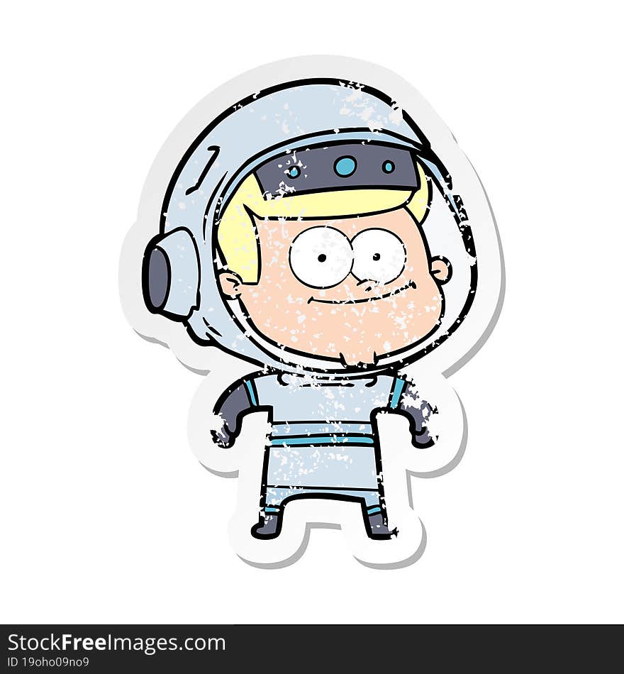 distressed sticker of a happy astronaut cartoon