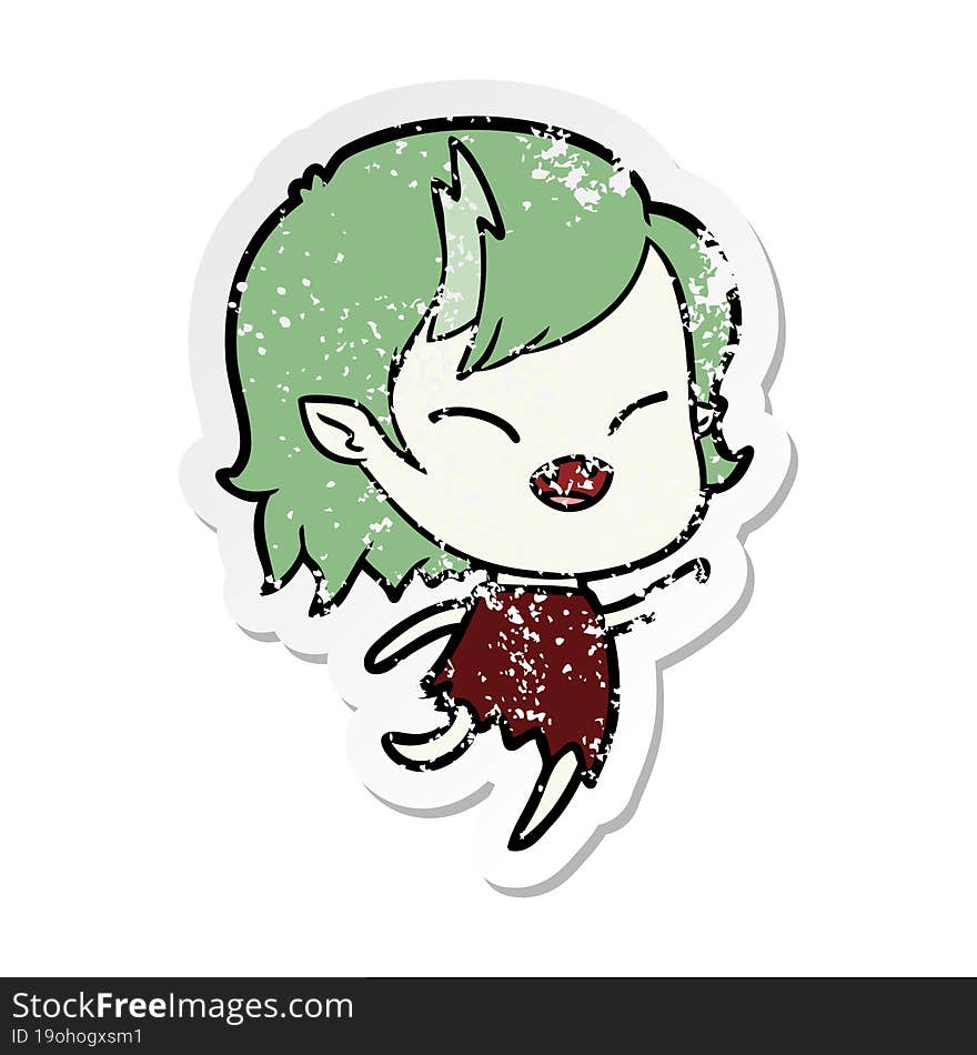 distressed sticker of a cartoon laughing vampire girl