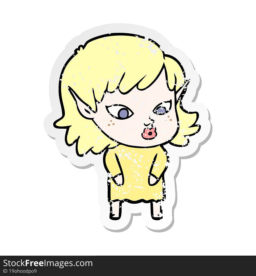 distressed sticker of a pretty cartoon elf girl