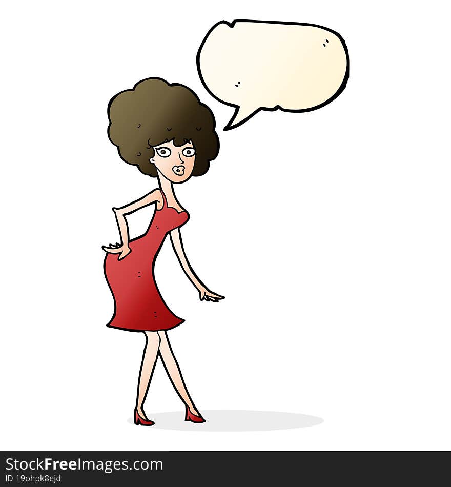 cartoon woman posing in dress with speech bubble