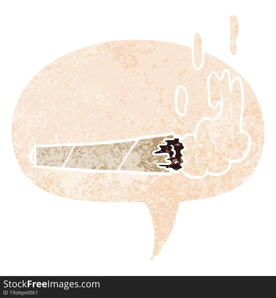 cartoon marijuana joint with speech bubble in grunge distressed retro textured style. cartoon marijuana joint with speech bubble in grunge distressed retro textured style