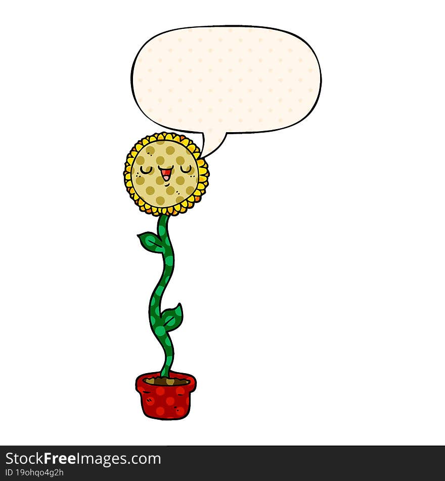 cartoon sunflower and speech bubble in comic book style