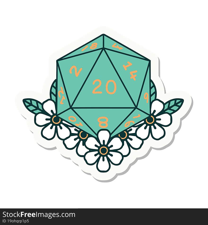 natural 20 D20 dice roll with floral elements sticker