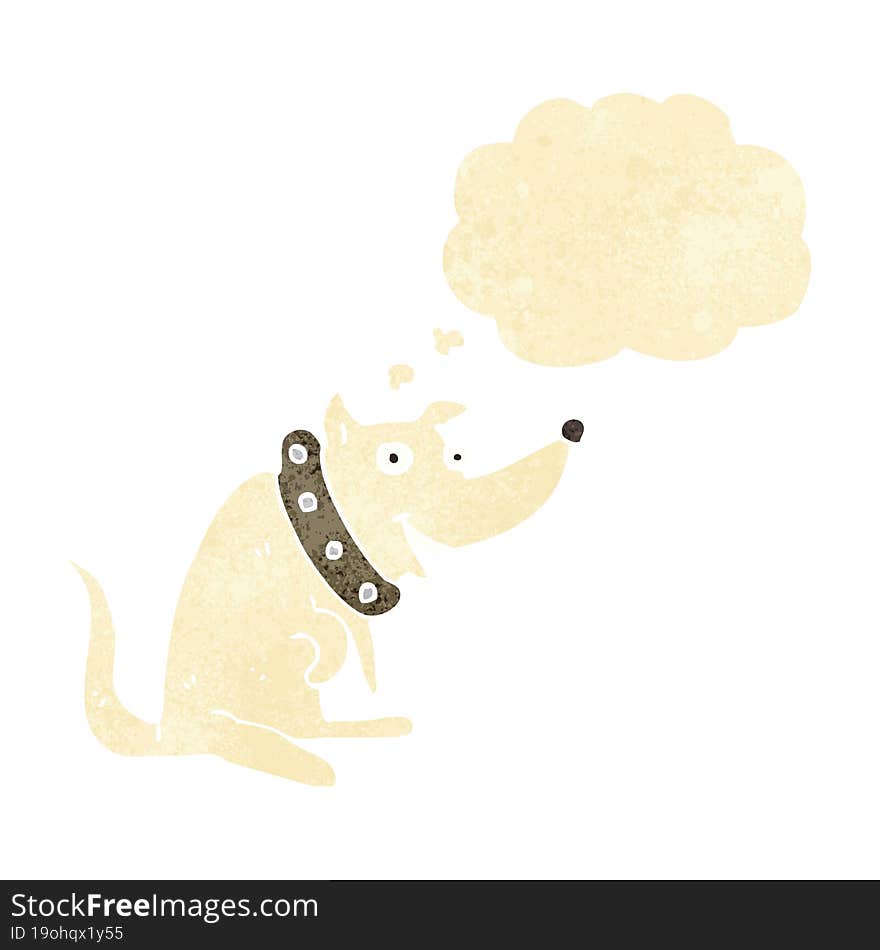 Cartoon Happy Dog In Big Collar With Thought Bubble