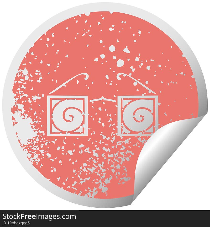 distressed circular peeling sticker symbol of a hypno glasses